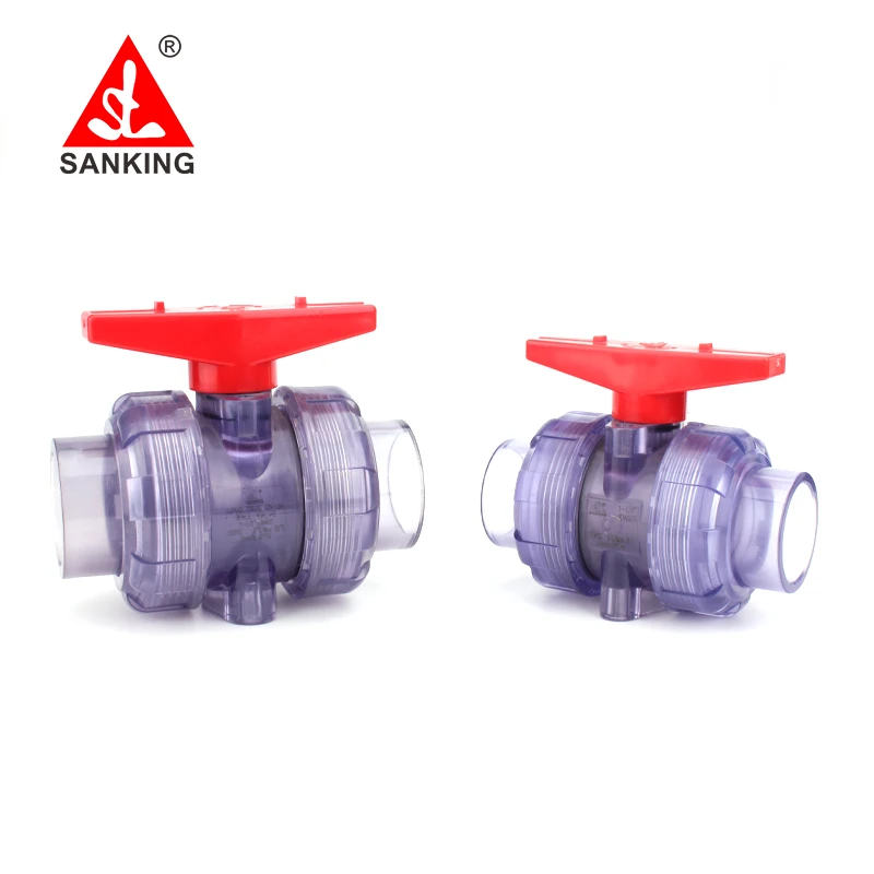 Sanking 20มม.-63มม.โปร่งใส PVC True Union Ball วาล์วยูเนี่ยน PVC Ball Valve วาล์ว Double Union เคมีอุตสาหกรรม