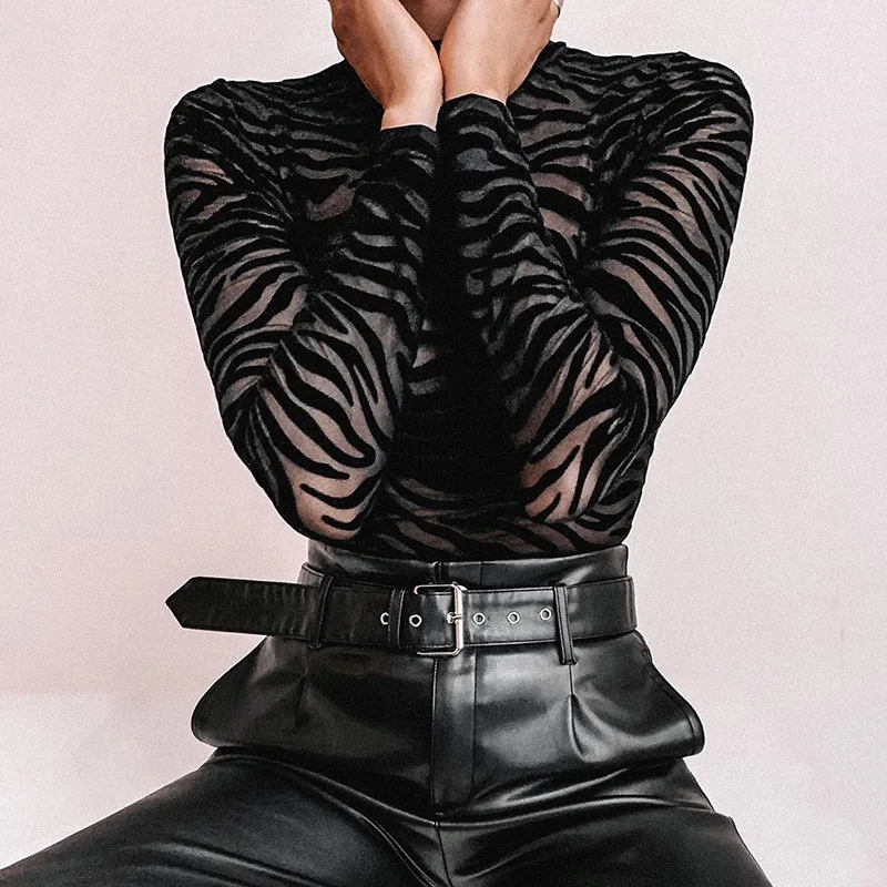 Black Mesh Transparent Sexy Bodysuit Long Sleeve Slim Skinny Stripe Mock Neck Casual Rompers Women Lady Party Club Body