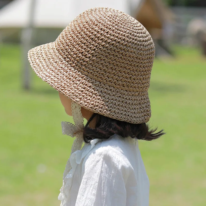 Baby Straw Bucket Hat for Girls Boys Summer Beach Travel Kids Hats with Adjustable Lace Windproof Rope  Fashion Accessories 2-6Y