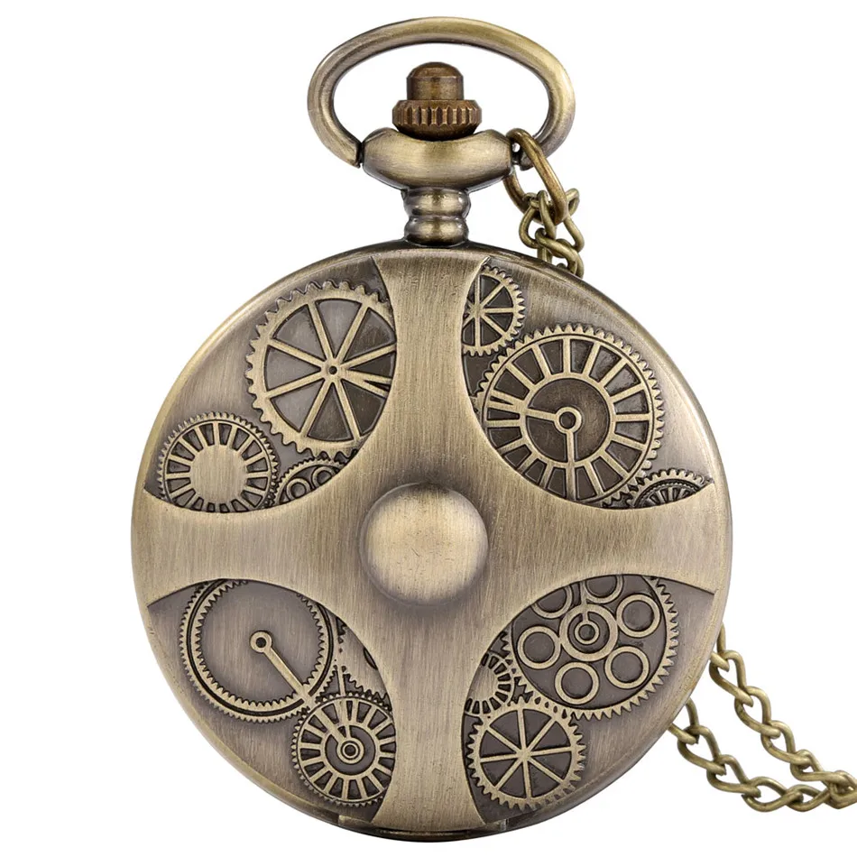 Ruota dentata Display collana in bronzo orologio orologio da tasca al quarzo retrò ciondolo cacciatore completo orologio antico regali uomo donna