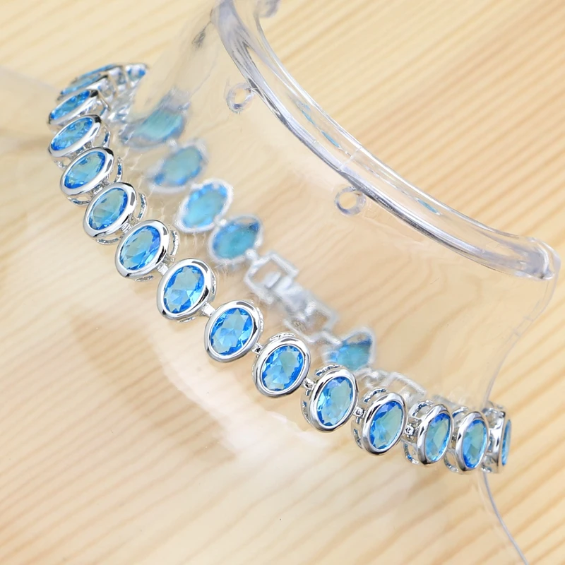 Classic Silver 925 Jewelry Bracelets for Women Blue Zircon Stones Length 21CM Two Buttons Free Gift Box