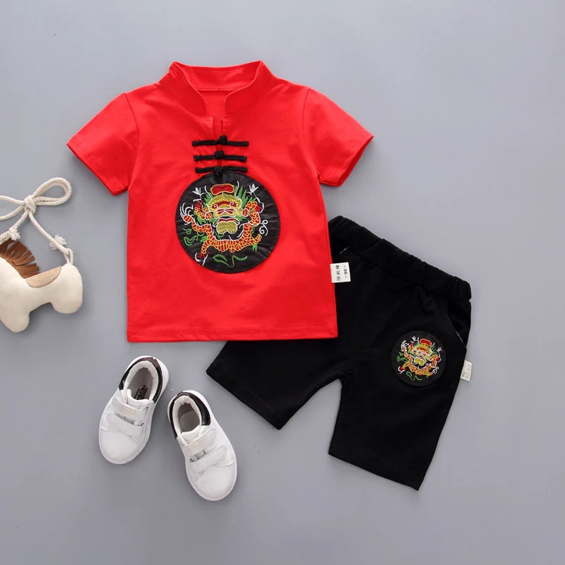 2022 New Baby Chinese Style Short Sleeved Cotton Chinese Character Embroidery Suit Summer Clothes for Boys Girls Two Piece