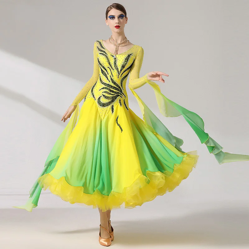 Exquisite High Quality Women Ladies Competition Performance Wear International Standard Yellow Ballroom Dance Dress