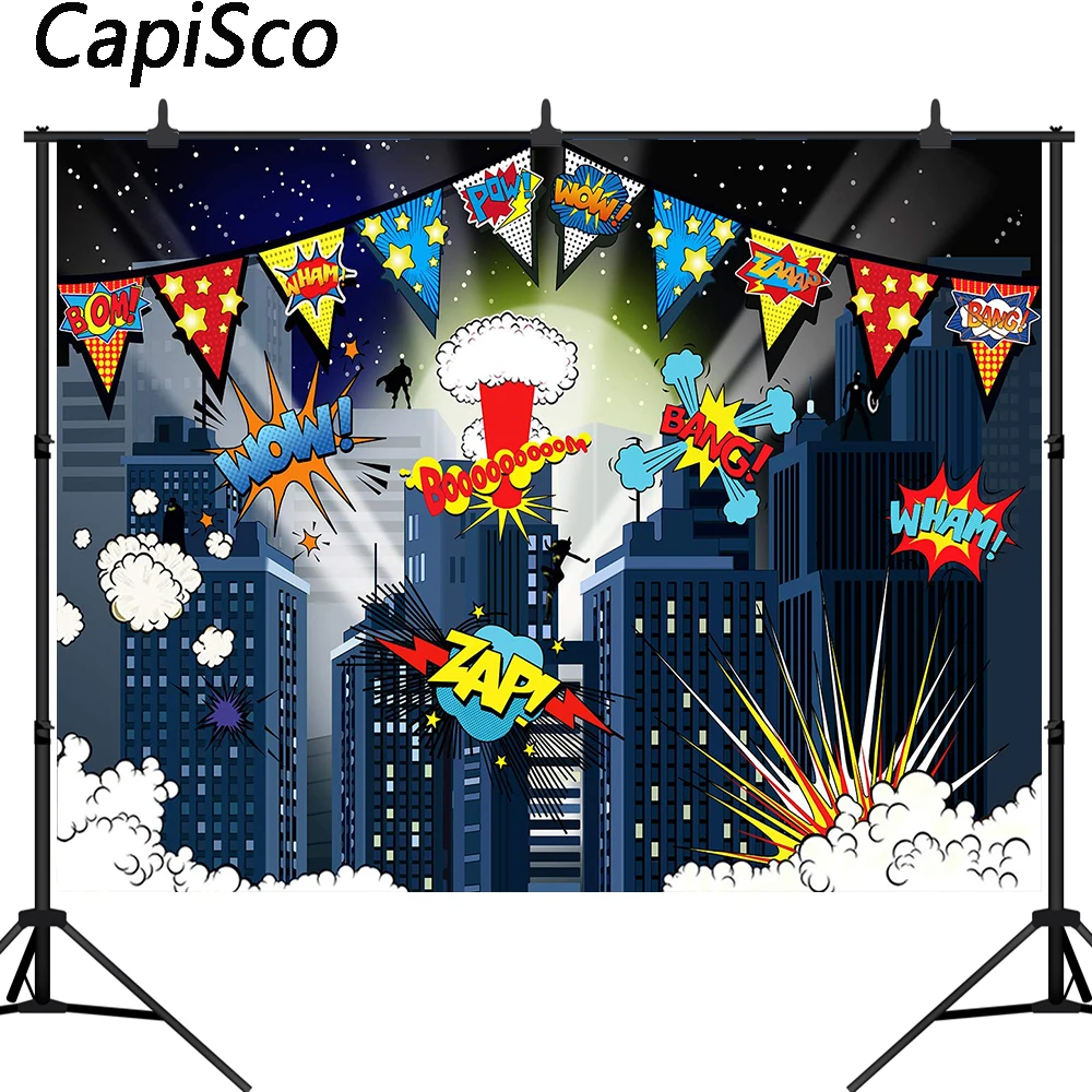 Capisco Superhero Cityscape Photography Backdrops Super Hero City Birthday Party Event Decorations Photo Booth Background