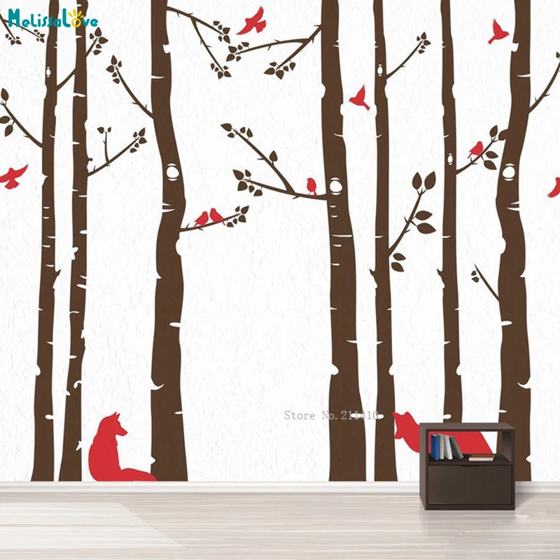 

Fox And Birch Tree Wall Decal Wall Sticker for Children Birds Colorful Decals Self-adhesive Home Decor YT3732