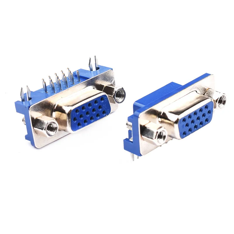 10PCS/LOT DB15 DR15 VGA Adapter Socket 3Rows Blue Parallel Port 15 Pin D Sub 15 Way PCB 90 Degree Female Connector