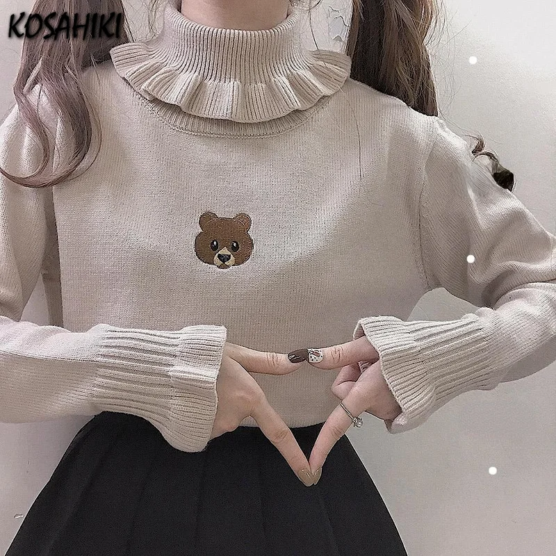 KOSAHIKI New Autumn Bear Embroidery Sweaters Fashion Cute Ruffle Turtleneck Pullovers Women Bastic Kintting Jumper Japan Style