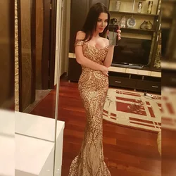 2024 Sexy Boat Neck Off Shoulder Sequin Gold High Waist Elegant Slim Bodycon Party Full Dresses Golden Evening Gowns Casamento