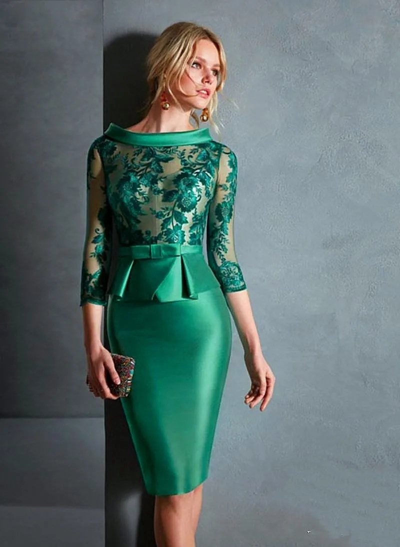 2021 Green Short Mother of The Bride Dresses Sheath Knee Length Lace Prom Formal Party Gowns Illsuion Elegant Vestidos De Noiva