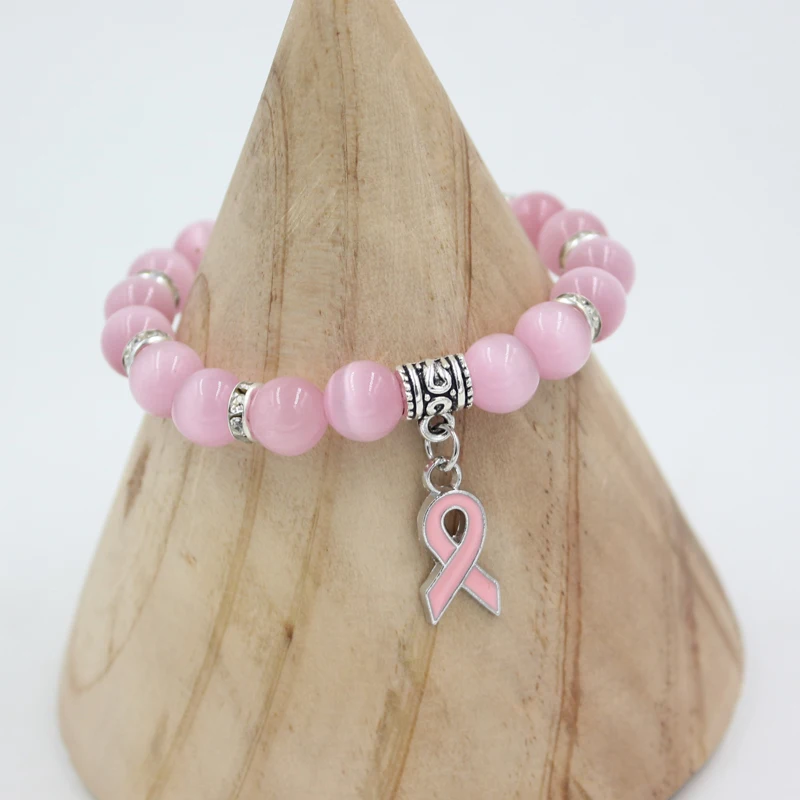 New Arrival Breast Cancer Awareness Jewelry White Pink Opal Beaded Bracelet Breast Cancer Pink Ribbon Charm Bracelets&Bangles