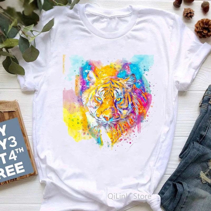 Women's Clothes 2024 Watercolor Wolf/Lion/Owl/Deer/Tiger Print Hip Hop T Shirt Femme Aesthetic Clothes Geek Top Cool Streetwear