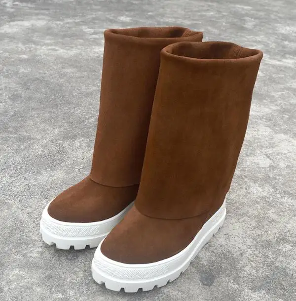 Brown Girls Fashion Platform Round Toe Mid-calf Boots 10 cm Height Increasing Slip On Casual Shoes Thick Heel Short Fold Boots