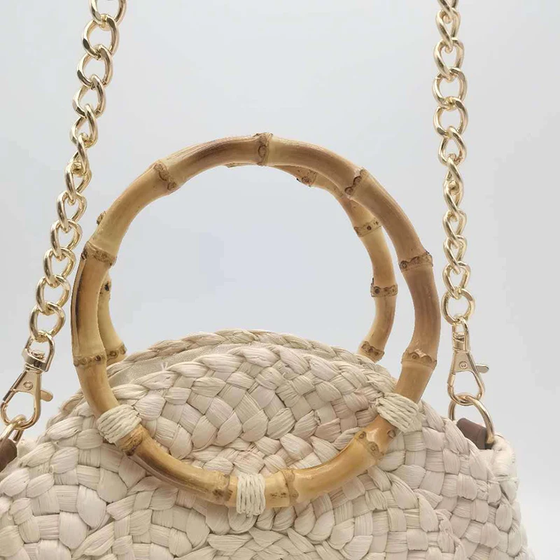 Handmade Round Women\'s Chain Crossbody Bag Bamboo Handle Handbag Bohemian Summer Beach Bags Female Woven Tote Straw Bag