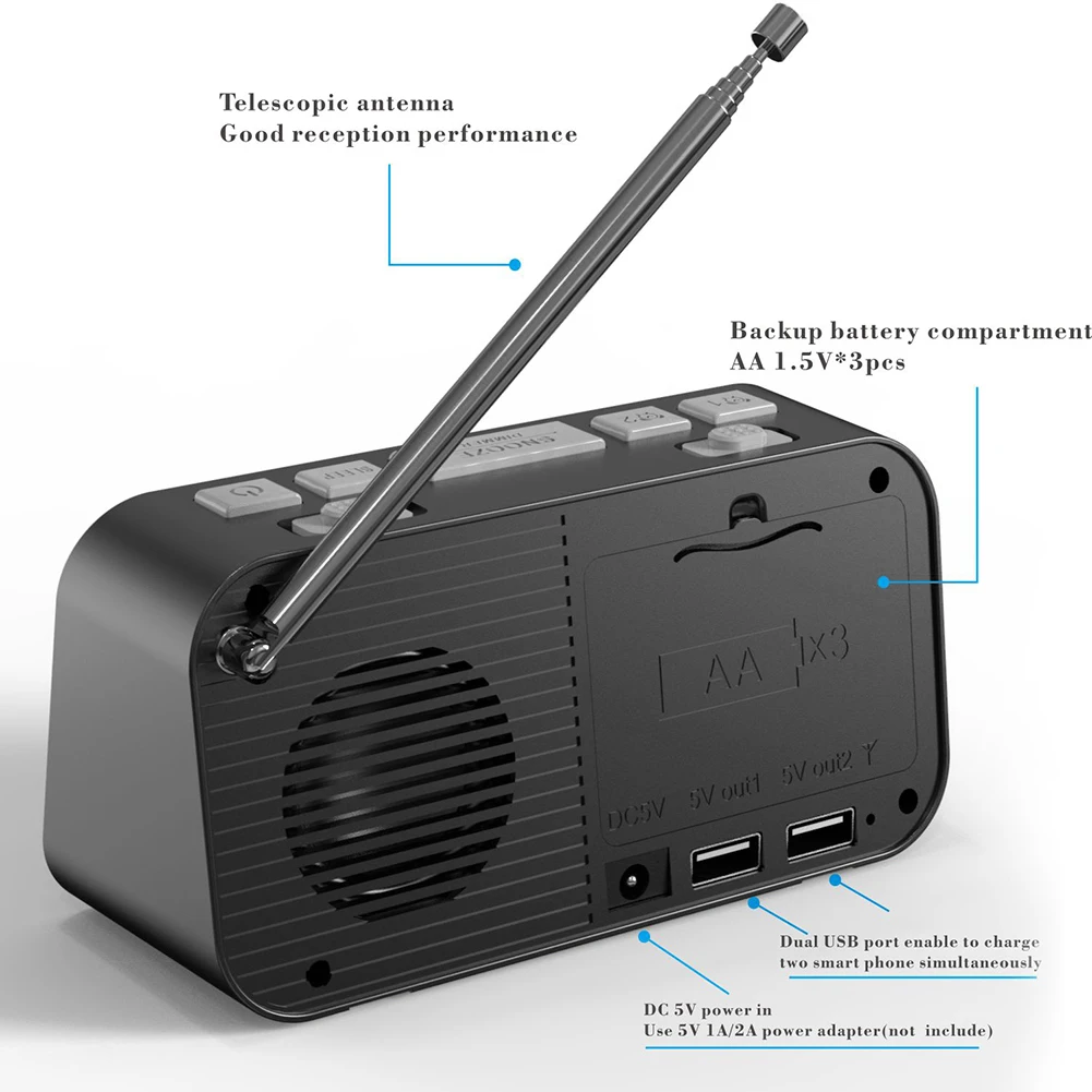 Draagbare Digitale Omroep Radio Desktop Wekker Dual Usb-poort Opladen Dab Fm Radio Met Antenne