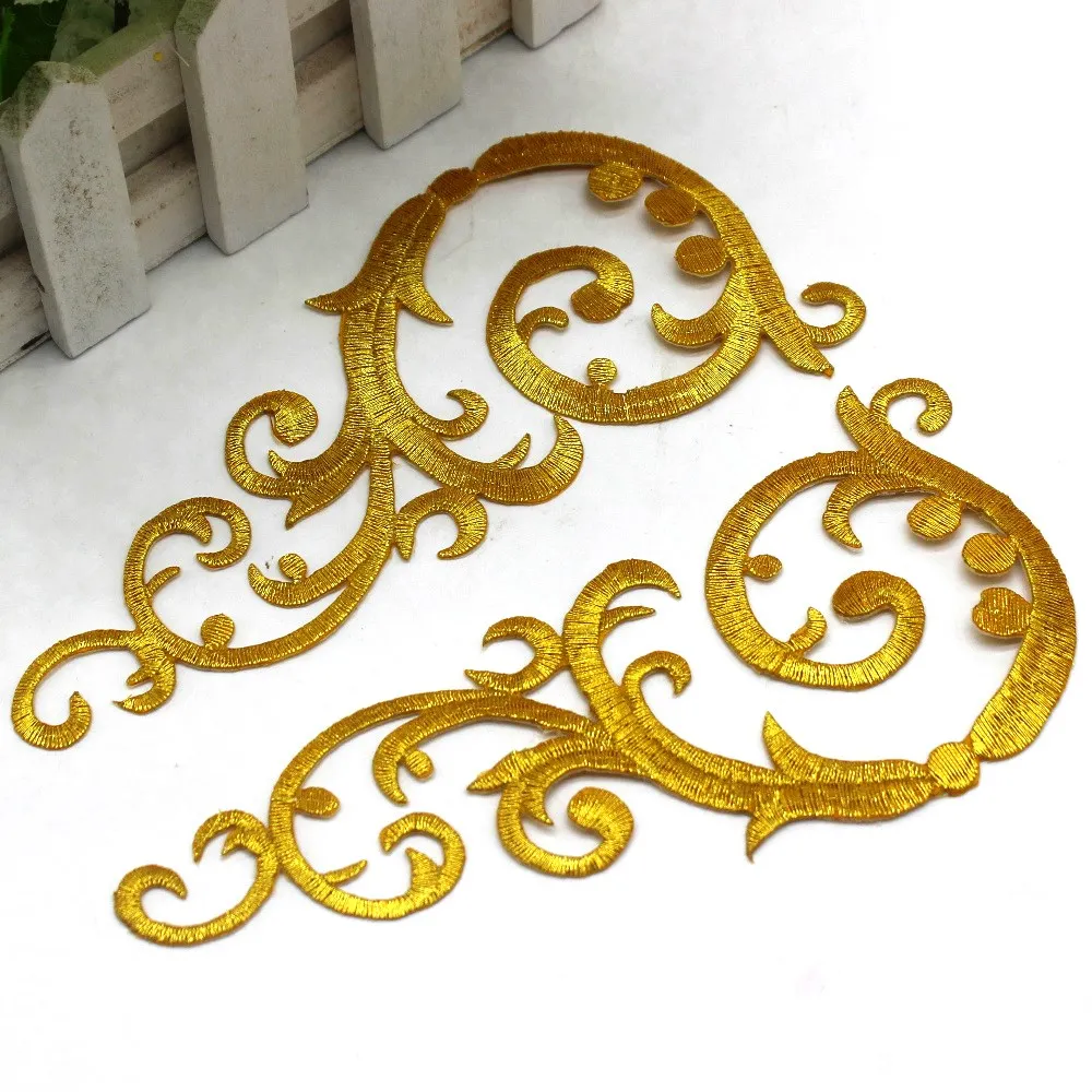 Gold Embroidery Patches Iron On Appliqued Mirror Pairs Diy Garment Costumes Trims 16cm*7.5cm