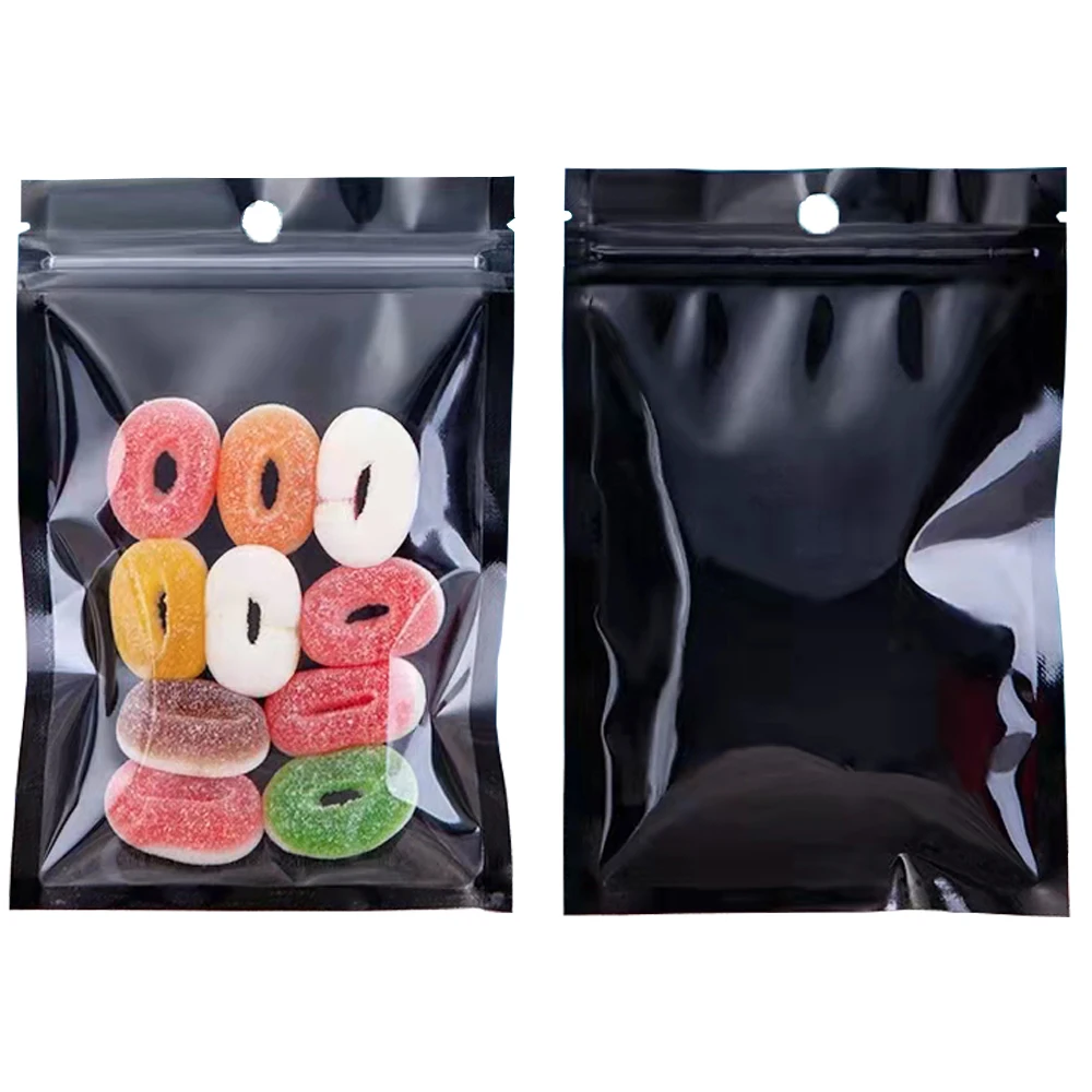 100Pcs Clear Black Aluminum Foil Zip Lock Bag with Hang Hole Reclosable Reusable Tear Notch Zipper Seal Food Storage Pouches