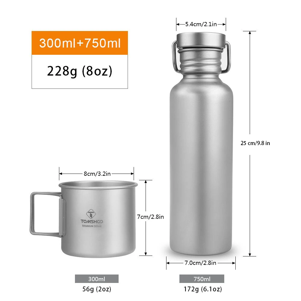 Tomshoo 600ml 750ml Titanium Water Bottle w 300ml Titanium Cup Outdoor Camping Supplies Tourism Sports Water Bottle Drink Bottle