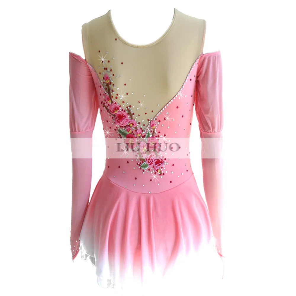 LIUHUO Ice Figure Skating Dress Women\'s Girl Round Neck Long Sleeve Flower Performance Ballet Competition Leotard Costume Teens