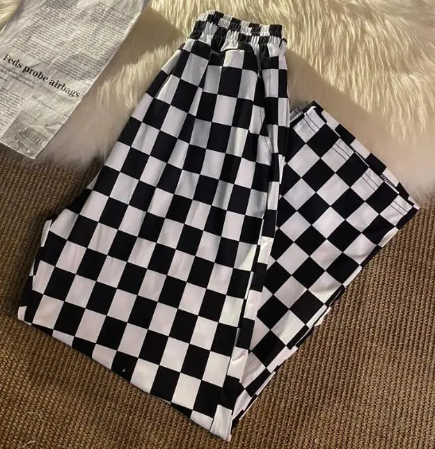 Chess Pants Women Long Trouser Spring White Black Grid Young Fashion