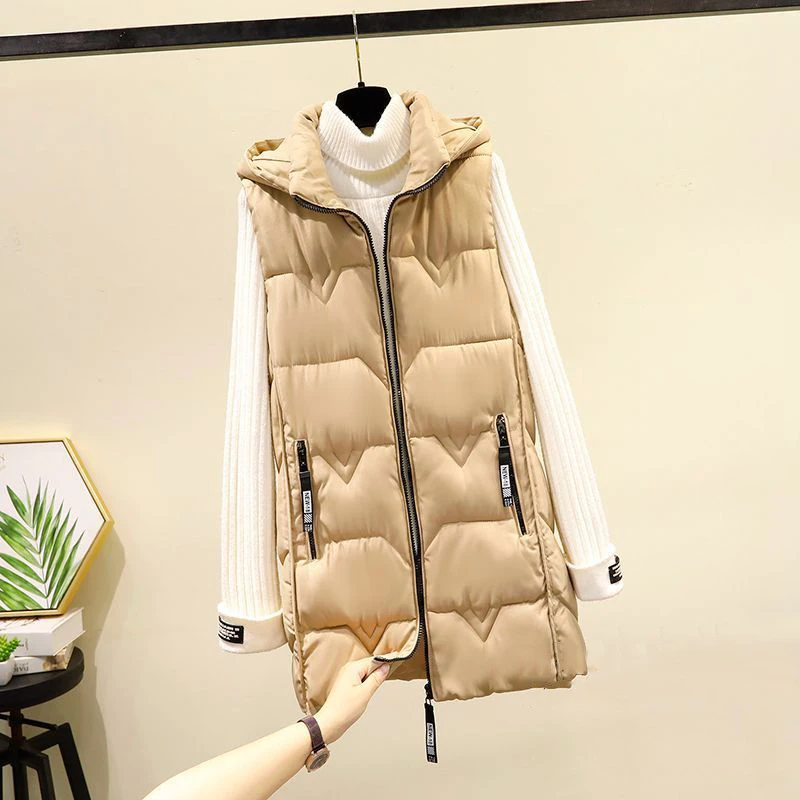 NICE Plus Size 3XL Hooded Vest Coat Women Down Cotton Long Vest Women Mid-Length Detachable Hat Vest Jacket