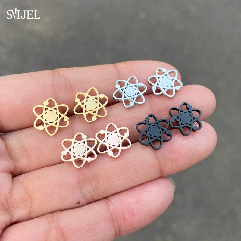 Punk Stainless Steel Chemistry Atom Shape Earrings for Women Men Creative Science Pendant Studs Jewelry Graduation Gift Friend