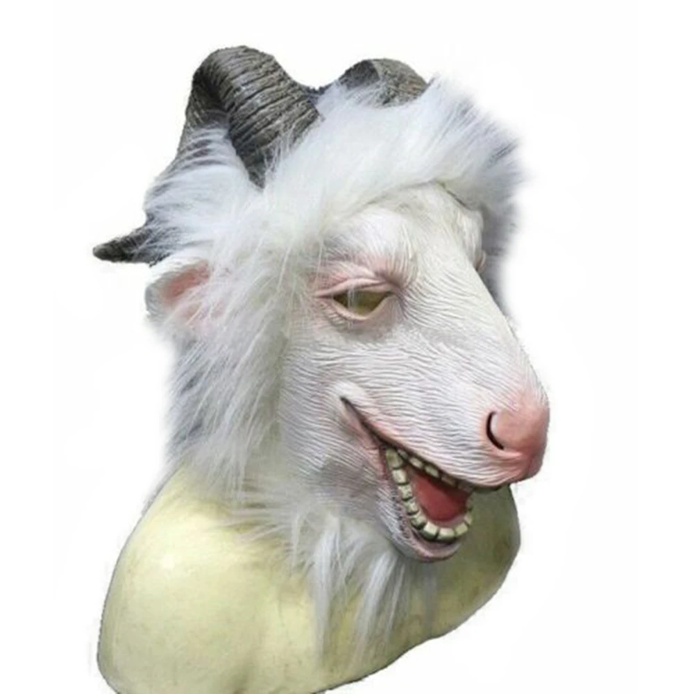 Latex Goat Mask with Horns Ram Animal Head Adult Halloween Costume Face Disguise White