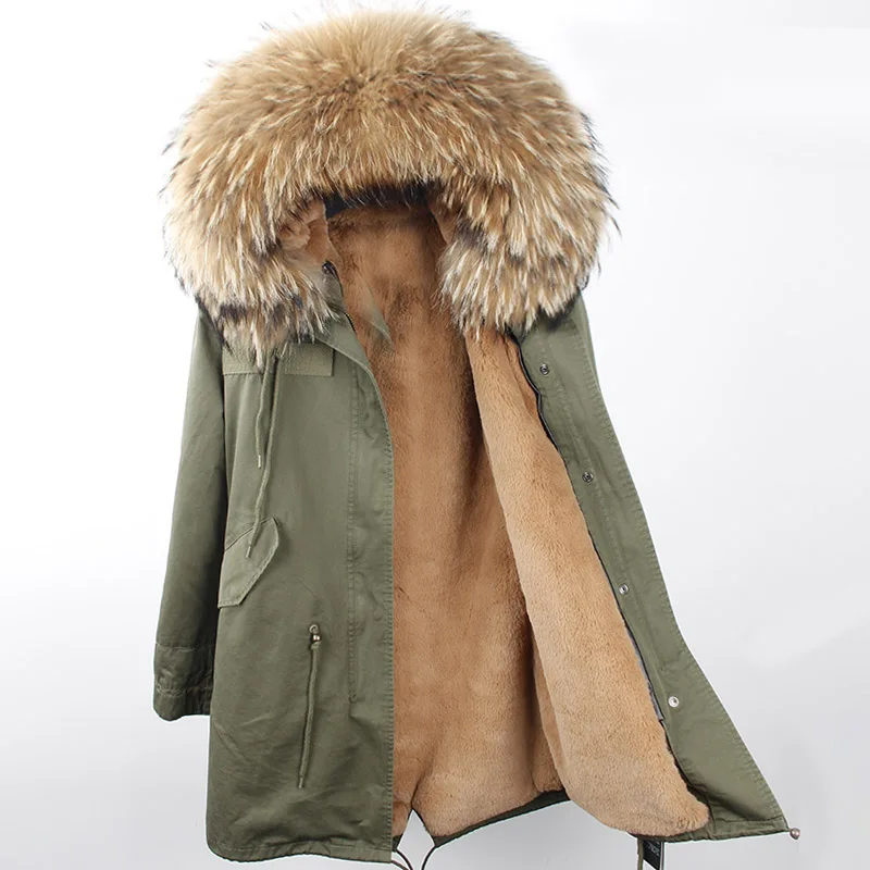 Brand 2023 Woman Winter Jacket Long Detachable Lining Army Green Black Parkas Large Real Raccoon Fur Hooded Coat Fashion Girl