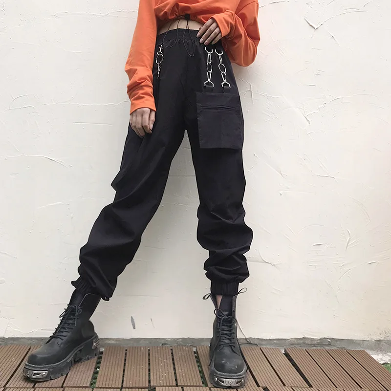 2020 Fall Fashion Casual Pants Women Punk Style High Waist Featured Pockets Harem Pants Female Black Trousers Women Loose Pants