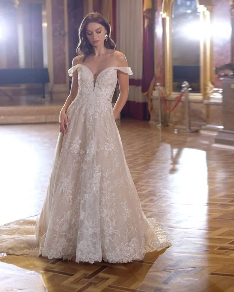 Áo Dây De Mariage Chữ A Áo Cưới Lấp Lánh Trouwjurk Lệch Vai Sang Trọng Hochzeitskleid Gợi Cảm Brautkleid Áo Dài Cô Dâu