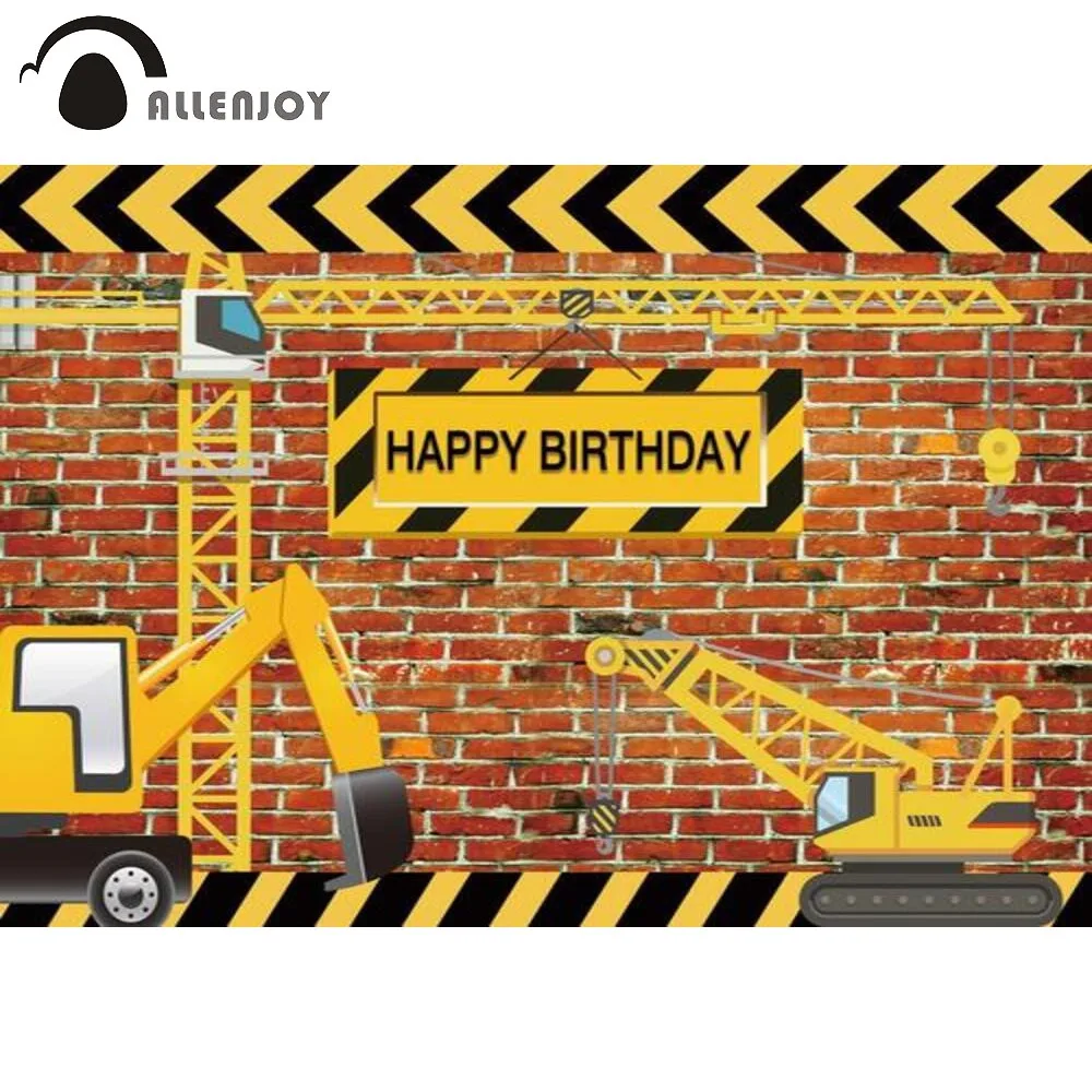 Allenjoy Happy Birthday Construction Custom Backdrop Truck Caution Stripe Boy Baby Shower Event Celebration Party Decor Banner