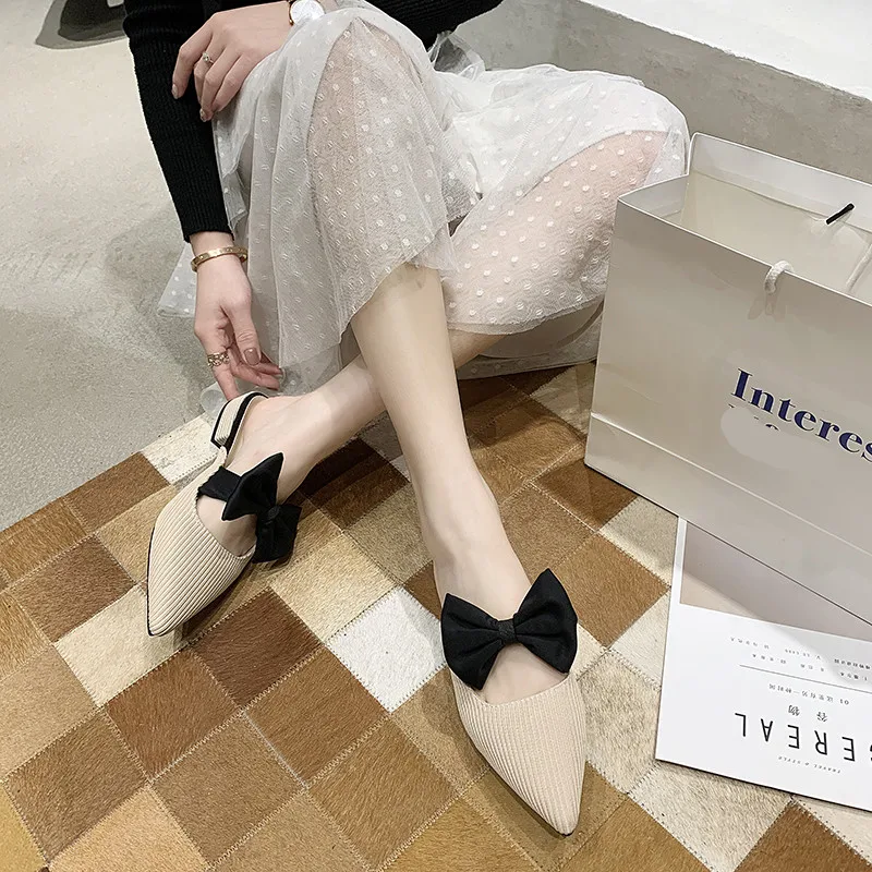 Pantofole con punta a punta scarpe basse basse Casual scivoli femminili mocassini con nodo a farfalla pantofole donna morbida copertura di lusso 2020 tessuto PU