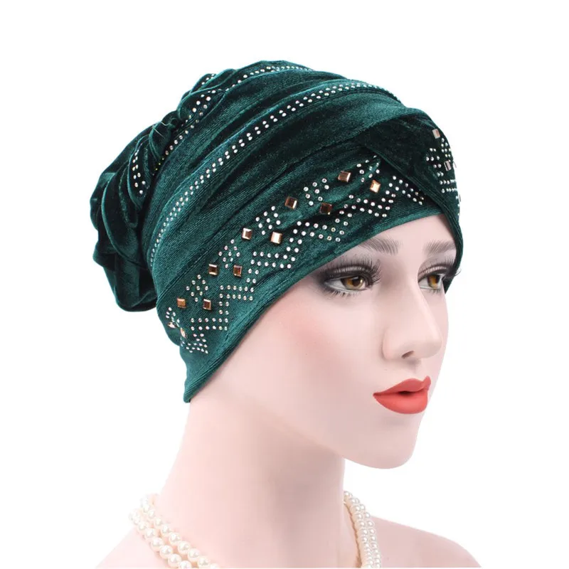 Women Flower Chemo Cap Muslim Hijab Beads Turban Velvet Inner Caps Hat Scarf Wrap Headwear Islamic Headscarf Beanie Bonnet Arab