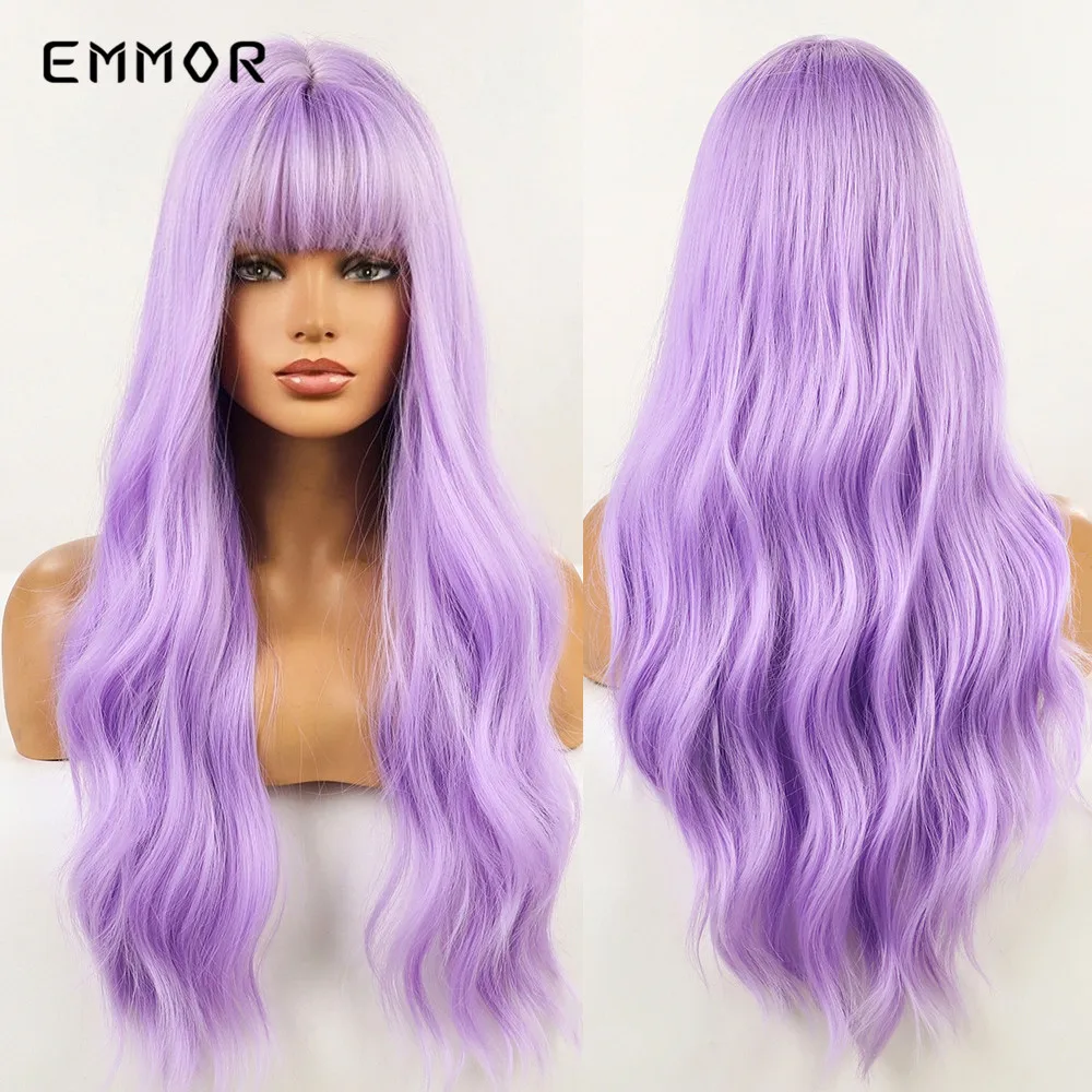 Emmor สีม่วงสังเคราะห์ Wigs สำหรับผู้หญิง Cosplay Party Lolita Wigs Bangs อุณหภูมิสูงธรรมชาติยาวผม Wigs