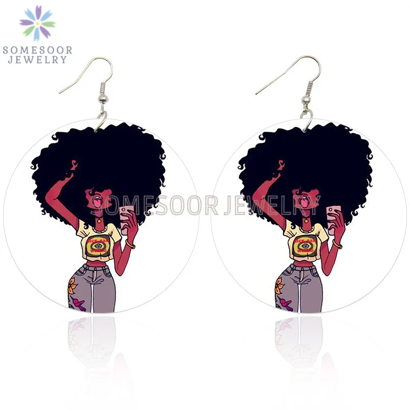 SOMESOOR Black Afro Girl Rock Painting Wooden Drop Earrings African Natural Hair Design Big Round Loops Jewelry For Women Gifts