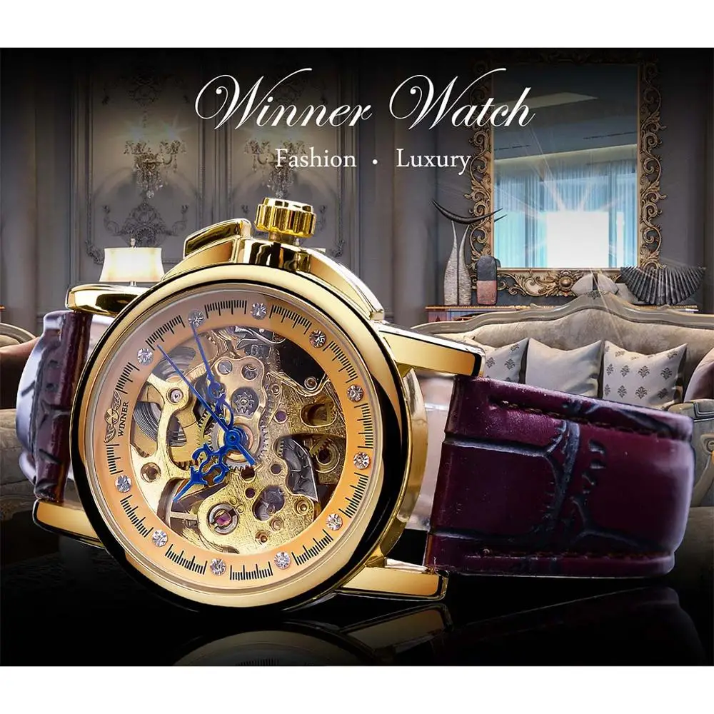 Forsining Classic Retro Design Blue Hands Ladies Fashion Golden Skeleton Diamond Display Mechanical Wrist Watches Gift For Women