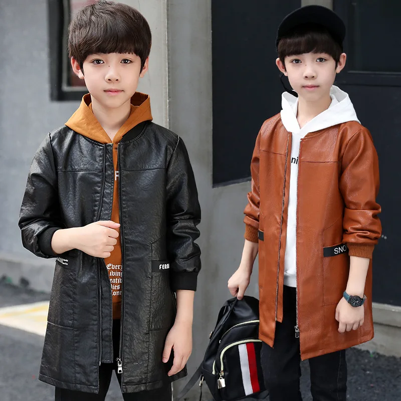 Autumn New Children's Clothing Boy Big Boy Korean Version of The Casual Long Section Leather Solid Color Coat A Generation