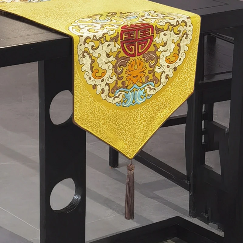 

Classical Chinese Embroidered Table Runners Yellow Non-slip Rectangular Table Covers Home Shoe Cabinet Tassels Coffee Decoration