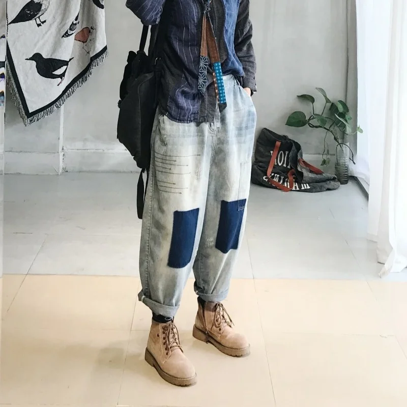 

Hop Hip Vintage Patchs Ripped Womens Loose Denim Trousers Autumn Winter New Brand Elastic Waist Ankle Length Female Harem Pants