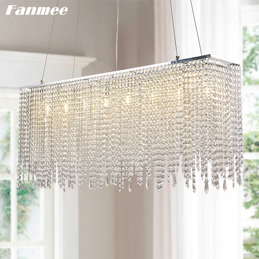 Luxury Rectangular Crystal Chain Chandelier Lighting Modern Clear Crystal Tassel Pendant Chandelier Linear Island Light Fixture