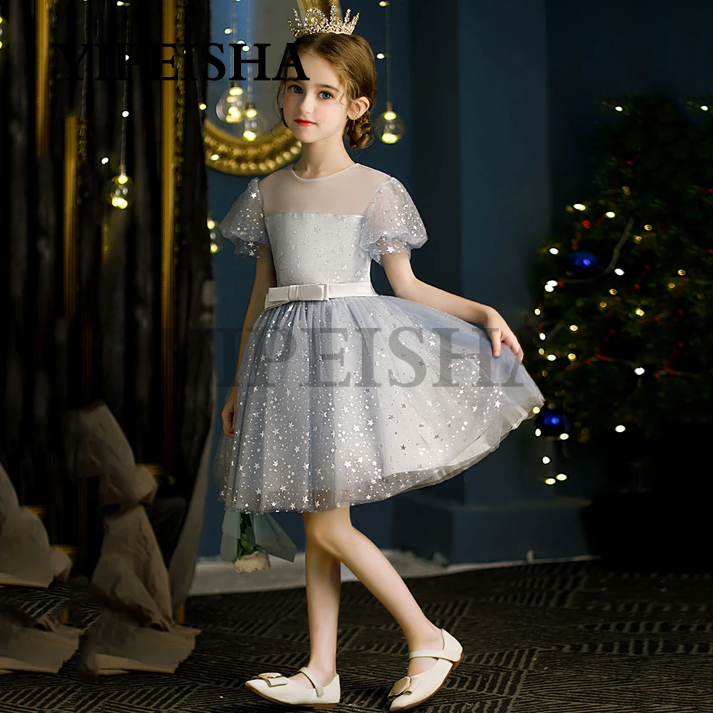 Vestidos infantiles personalizados con lentejuelas y estrellas brillantes decorados con flores, vestido de fiesta de princesa de tul de manga corta, vestido de fiesta de princesa Плаusе Для Дев®ч