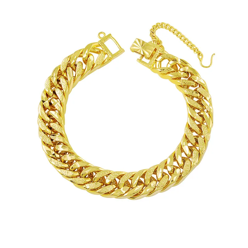 High Quality 24k Yellow Gold Color Classic 9.5mm Frosted Link Chain Bracelets Women Men Fashion Hand Chain Bracelet