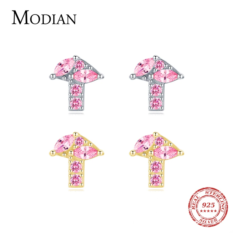 Modian 100% 925 Sterling Silver Cute Tiny Pink CZ Mushroom Stud Earrings Elegant Hypoallergenic Ear Studs for Women Fine Jewelry