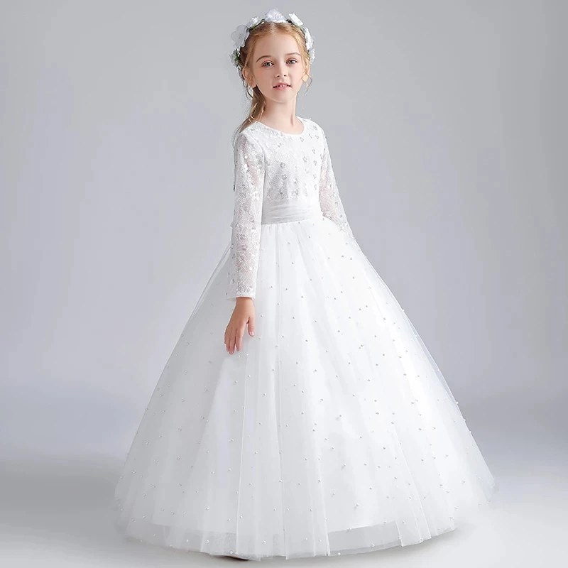 

Flower Girl Dresses for Weddings O Neck Full Sleeves Kids Party Communion Gowns Sequined Bow Princess Dress
