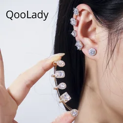 QooLady Trendy Ear Cuffs Shiny White Geometric Cubic Zirconia Crystal Climbers Stud Earrings for Women Ladies Star Jewelry E180