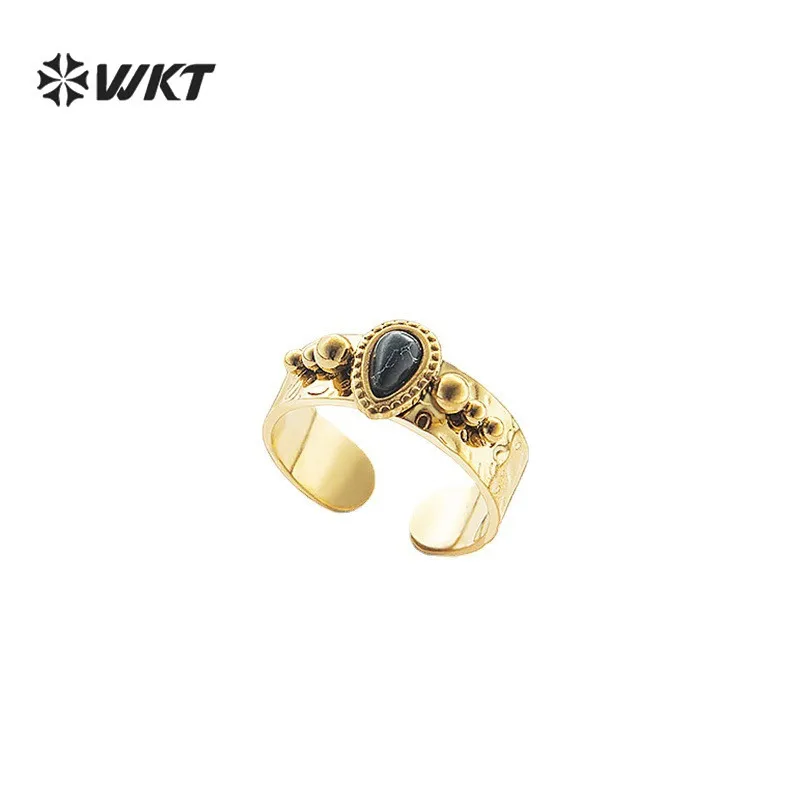 

WT-R379 WKT beautiful Women Natural Stone Open Ring Howlites Stone Gold Plated Stainless Steel Adjustable Ring Jewelry