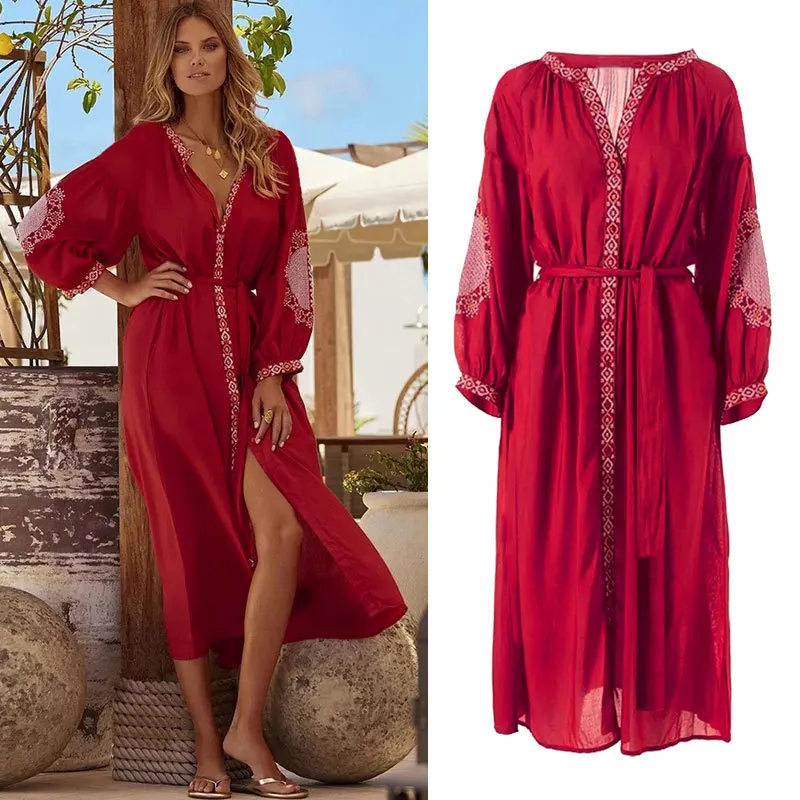 Women's Beach Dress Bohemian Red V Neck Swimsuit Cover Up Bikinis Coverups for Women Long Holiday Party Embroidered Pareo Tunics