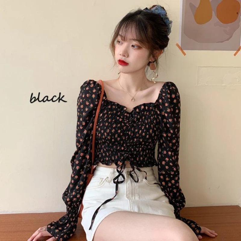 Floral Youth Elegant Blouse Women Crop Top Pretty Blouses Chic Fashion Blouse Shirt For Party 2022 Puff sleeve Off shoulder