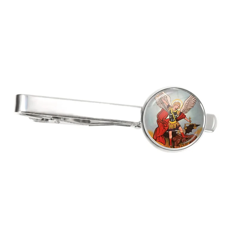 Men Silver Color Tie Clasp Clip Clamp Pin Archangel St.Michael Protect Me Saint Shield Protection Charm Russian Orhodox Tie Clip