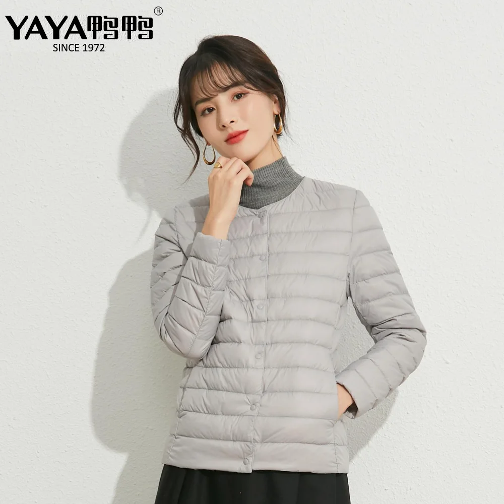 YAYA-Chaqueta de plumón de pato para mujer, abrigo ligero y fino, corto con cuello en O y en V, Color sólido cálido, Primavera, 2023