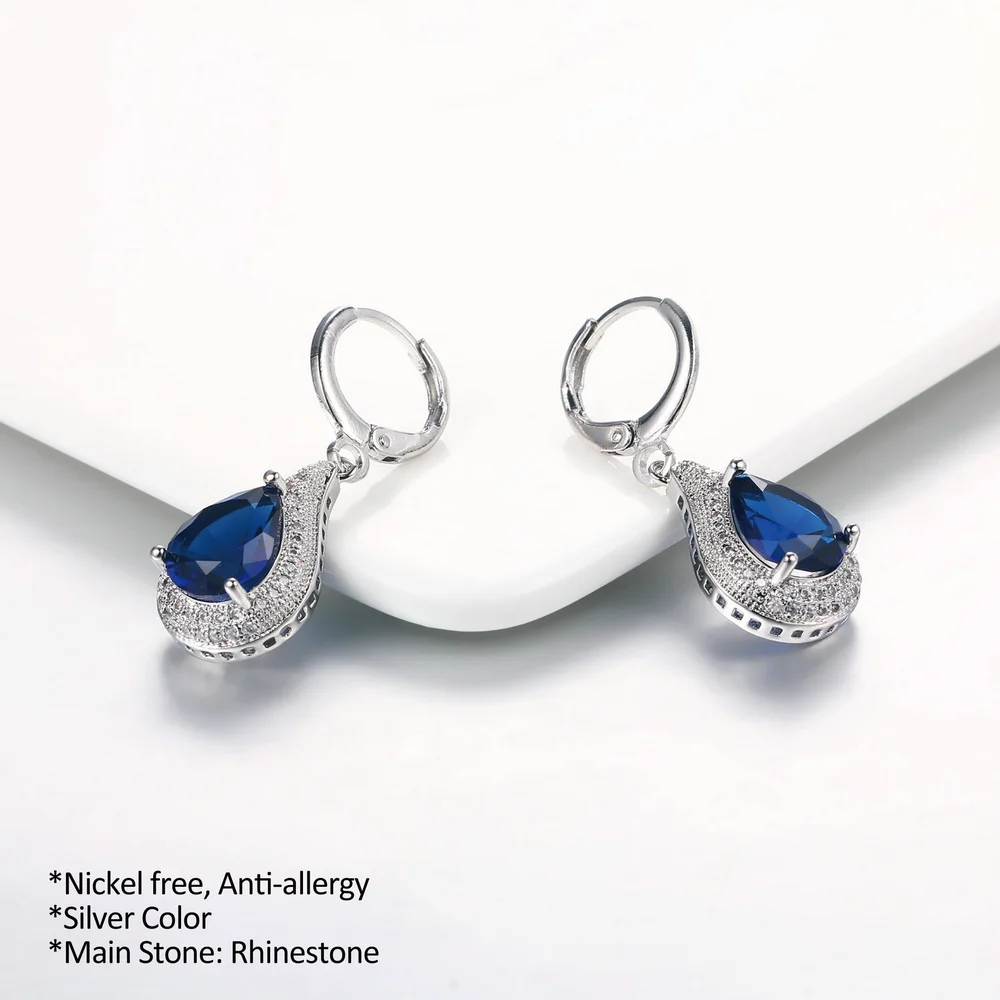 Big Stone Earrings For Women Blue Water Drop Rhinestone Silver Color Vintage Ear Accessories Wedding Jewelry Wholesale DWE824